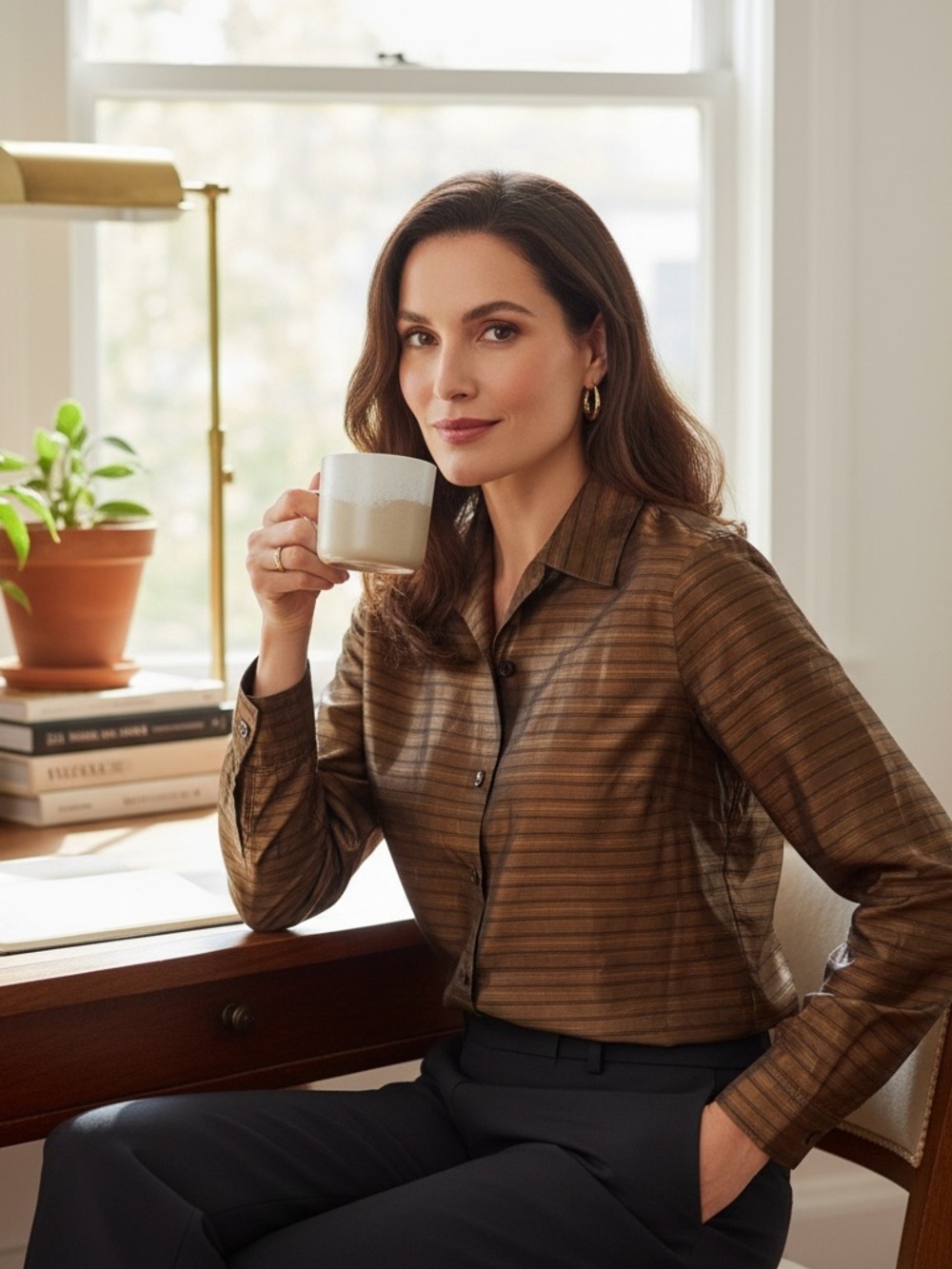 Jones New York Brown Striped Blouse